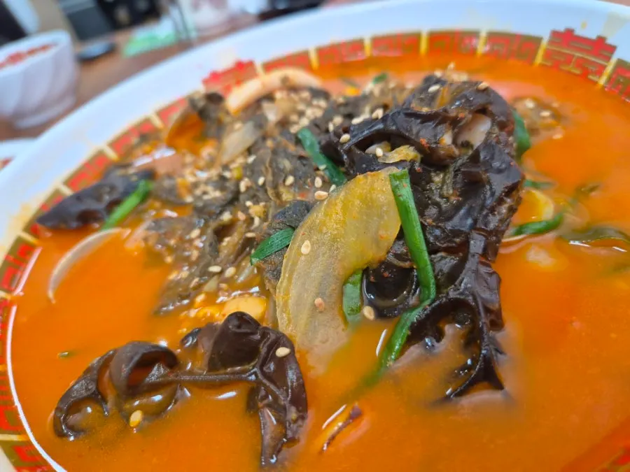 Seafood siraegi jjamppong loaded with seafood and dried radish greens