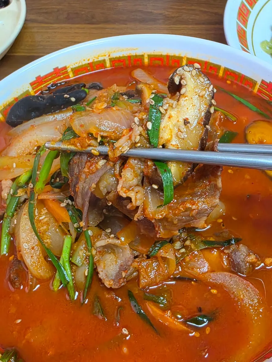 Beef brisket jjamppong topped with brisket
