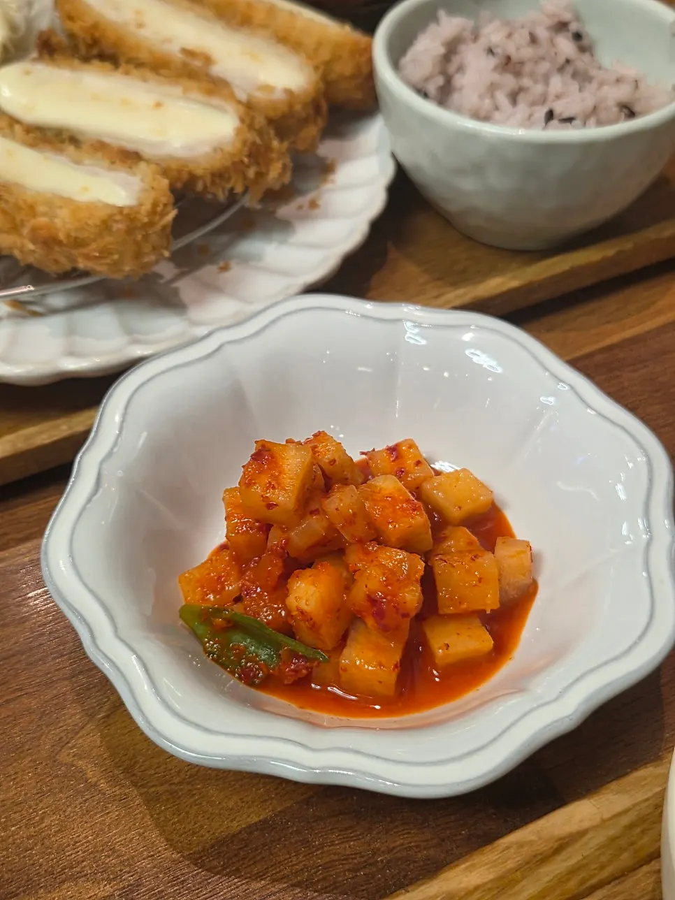 Three sauces: cutlet sauce, wasabi, and salt