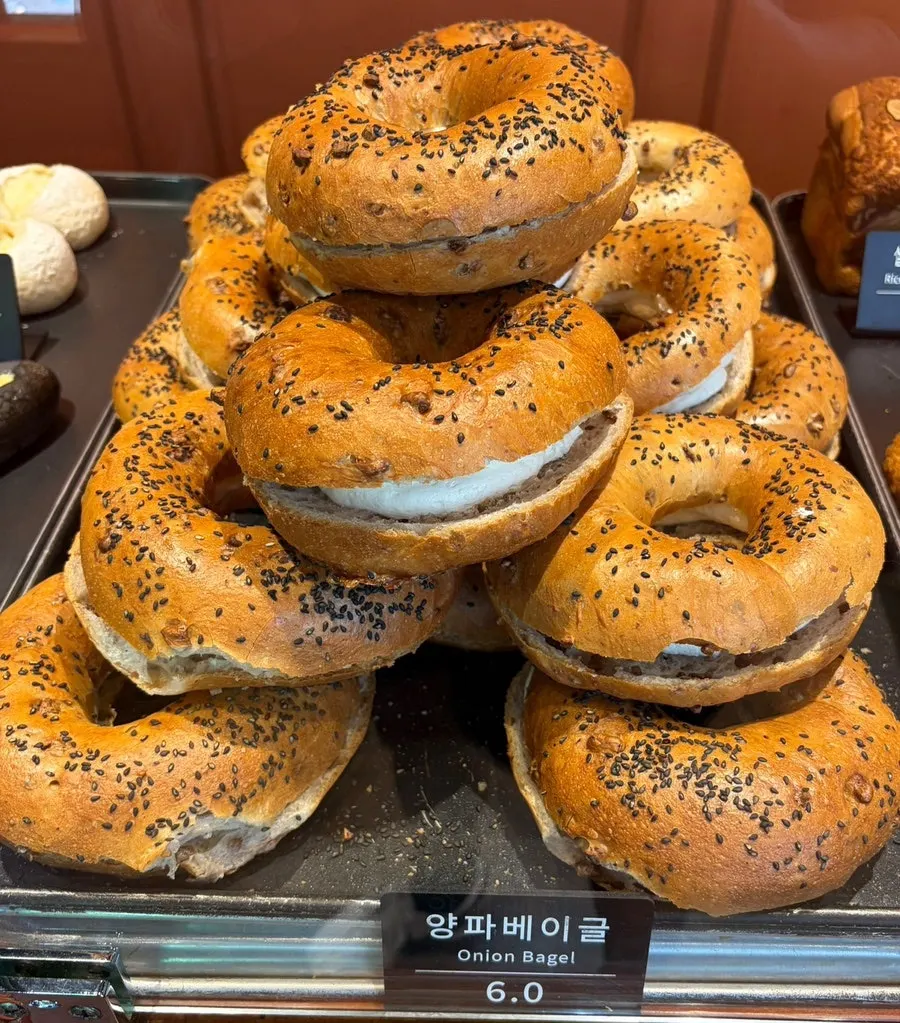 Breads on the display shelf at Munhwa Bakery