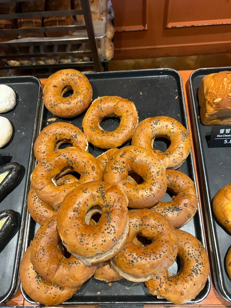 Bread arranged on the shelves at Munhwa Bakery