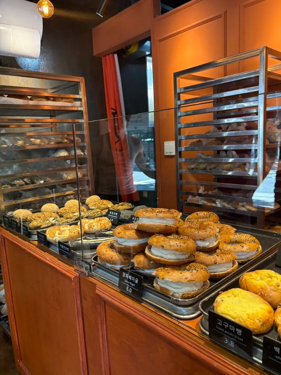Close-up of the bread display at Munhwa Bakery
