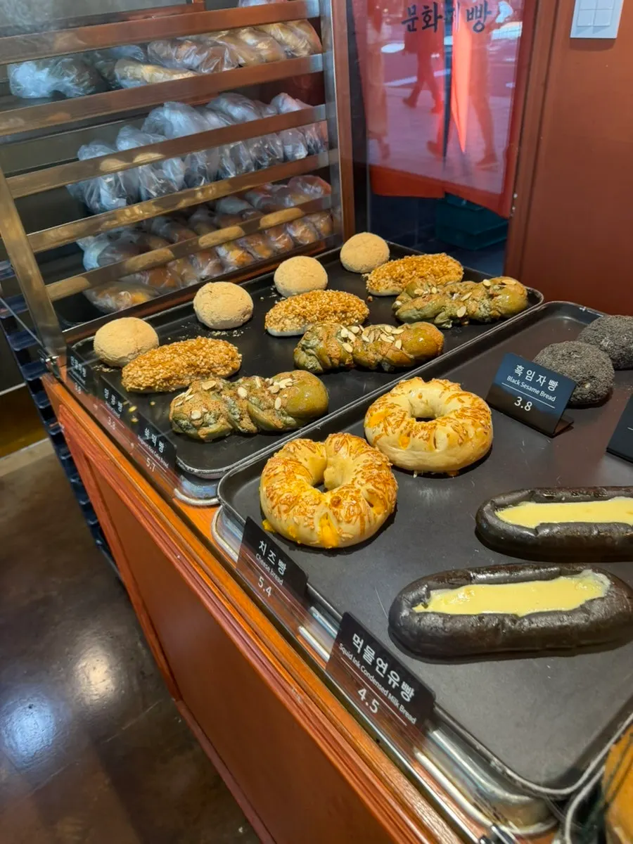 Bread display shelves inside Munhwa Bakery