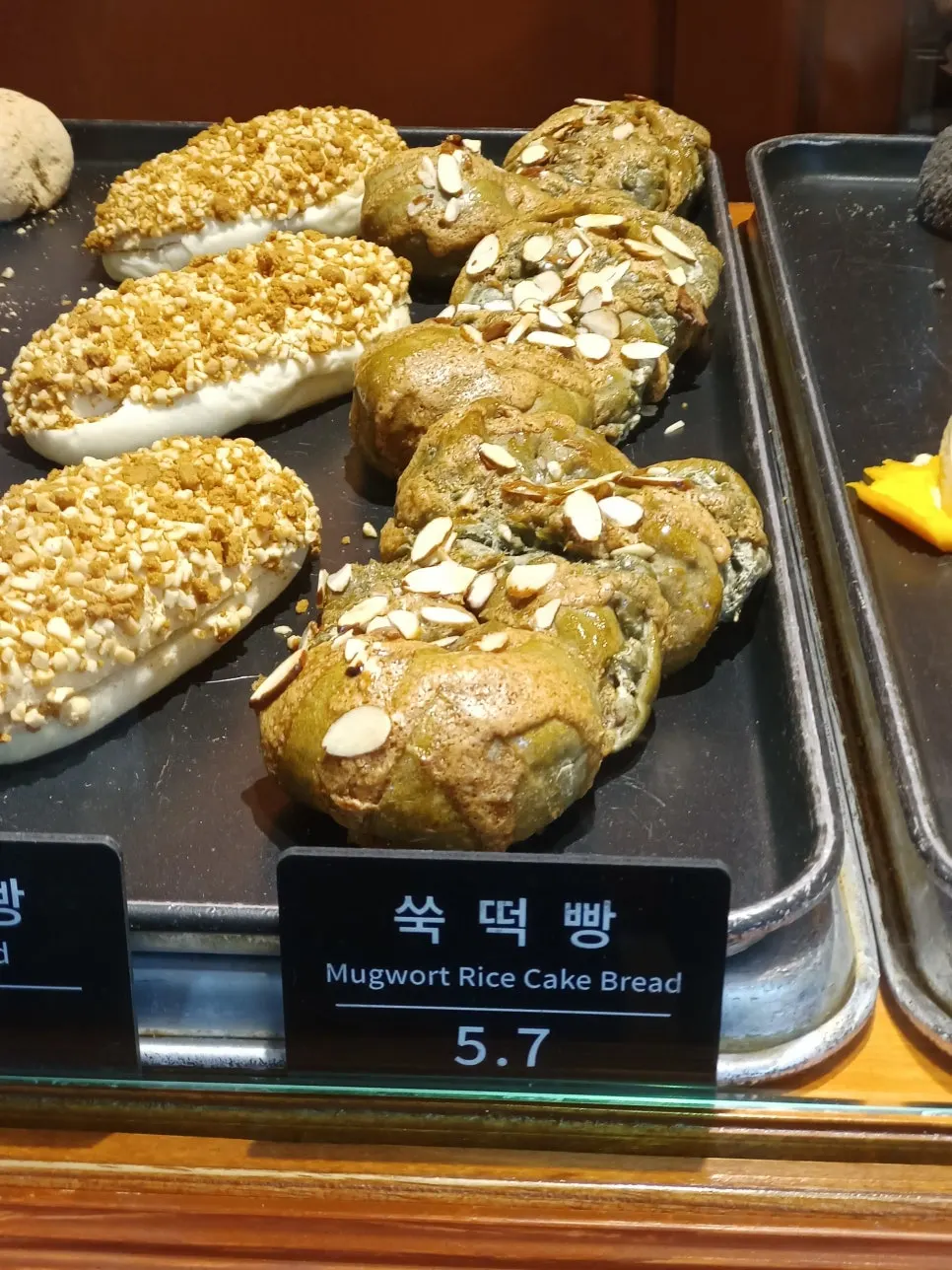 Different bread types displayed at Munhwa Bakery