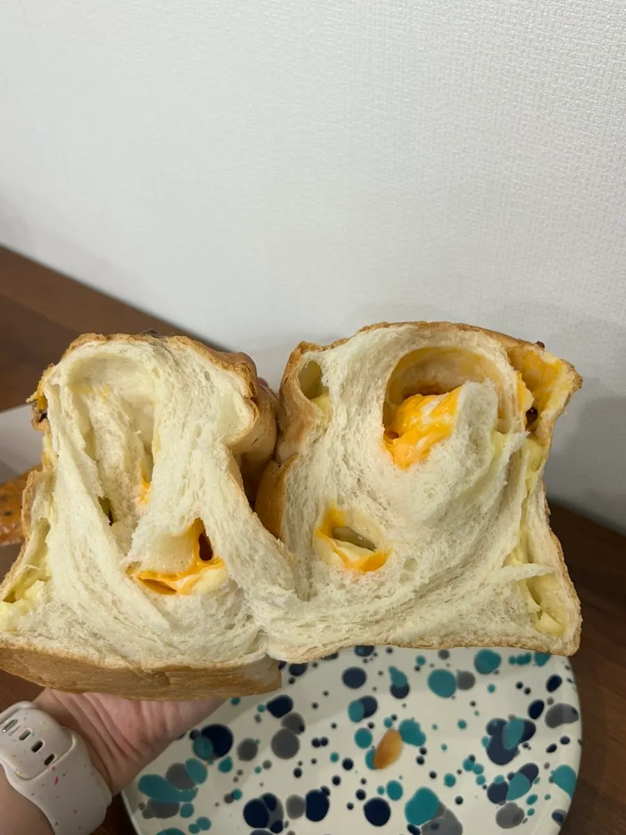 Cross-section of the rice cheese bread cut in half