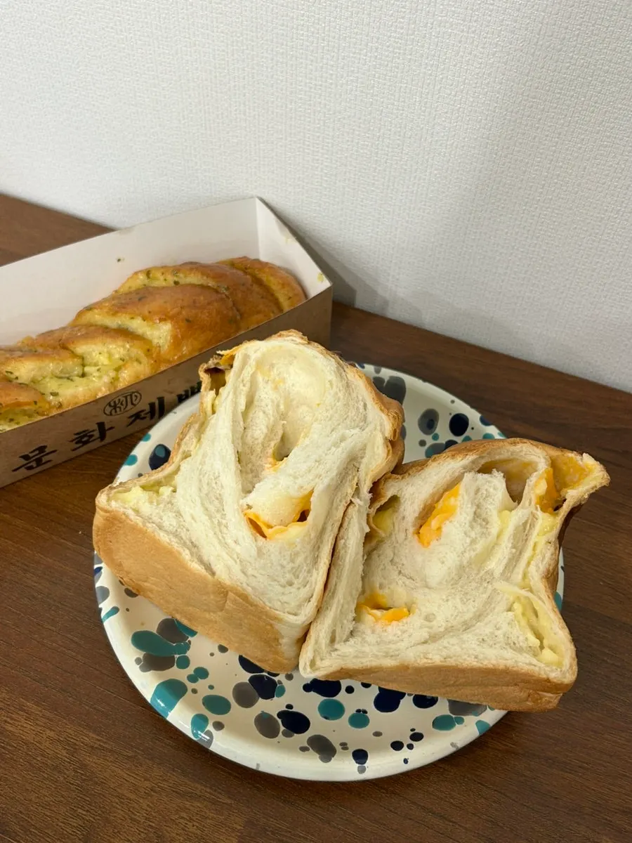 Inside of the rice cheese bread showing melted cheese