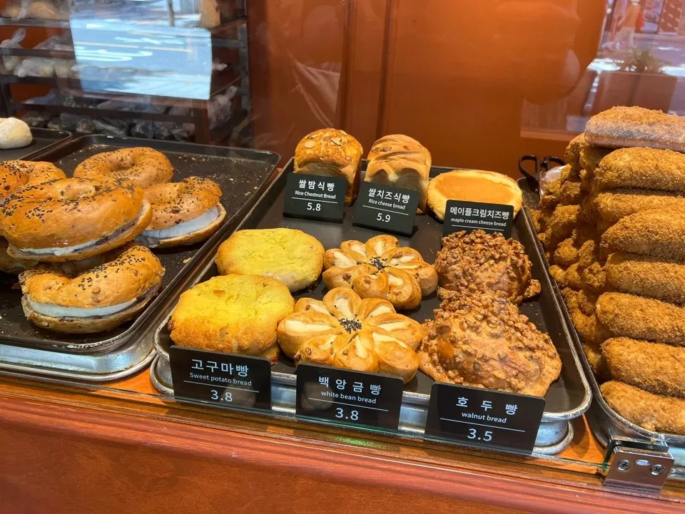Rice chestnut bread and coffee bread display at Munhwa Bakery