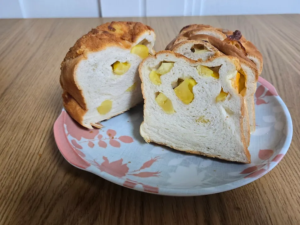 Cross-section of rice chestnut bread packed with chestnuts