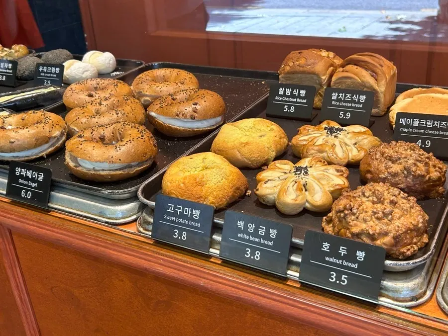 Bread selection display at Munhwa Bakery