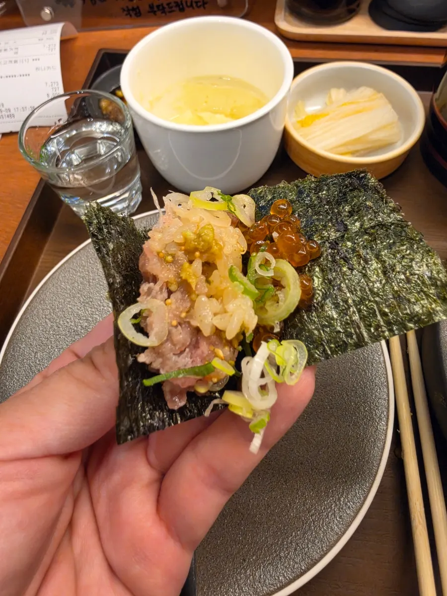 Ilpum-dong topped with diced tuna, salmon roe, and sea urchin roe