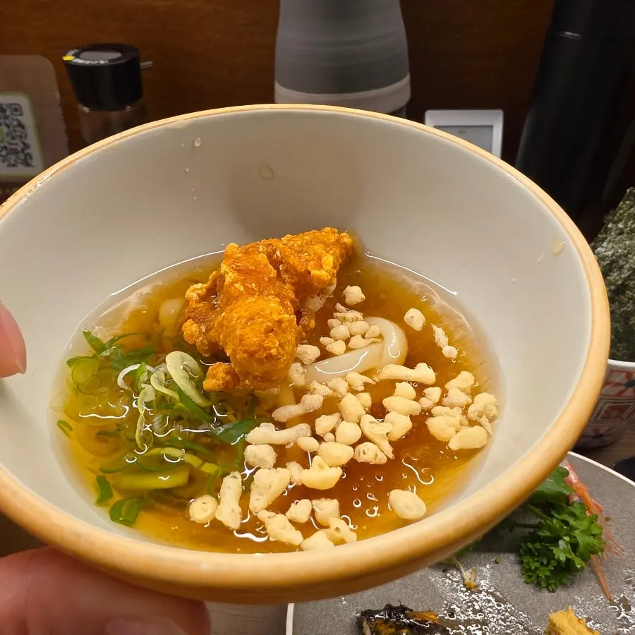 Cold udon with karaage fried chicken