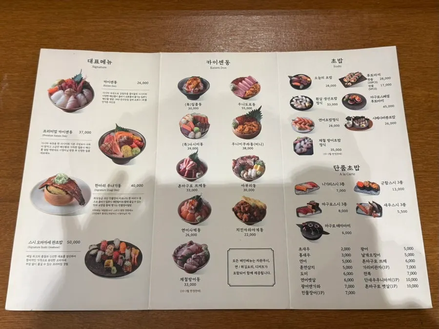 Signature menu board listing kaisendon and unagi don