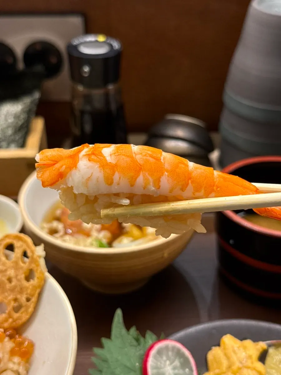 Springy steamed shrimp sushi