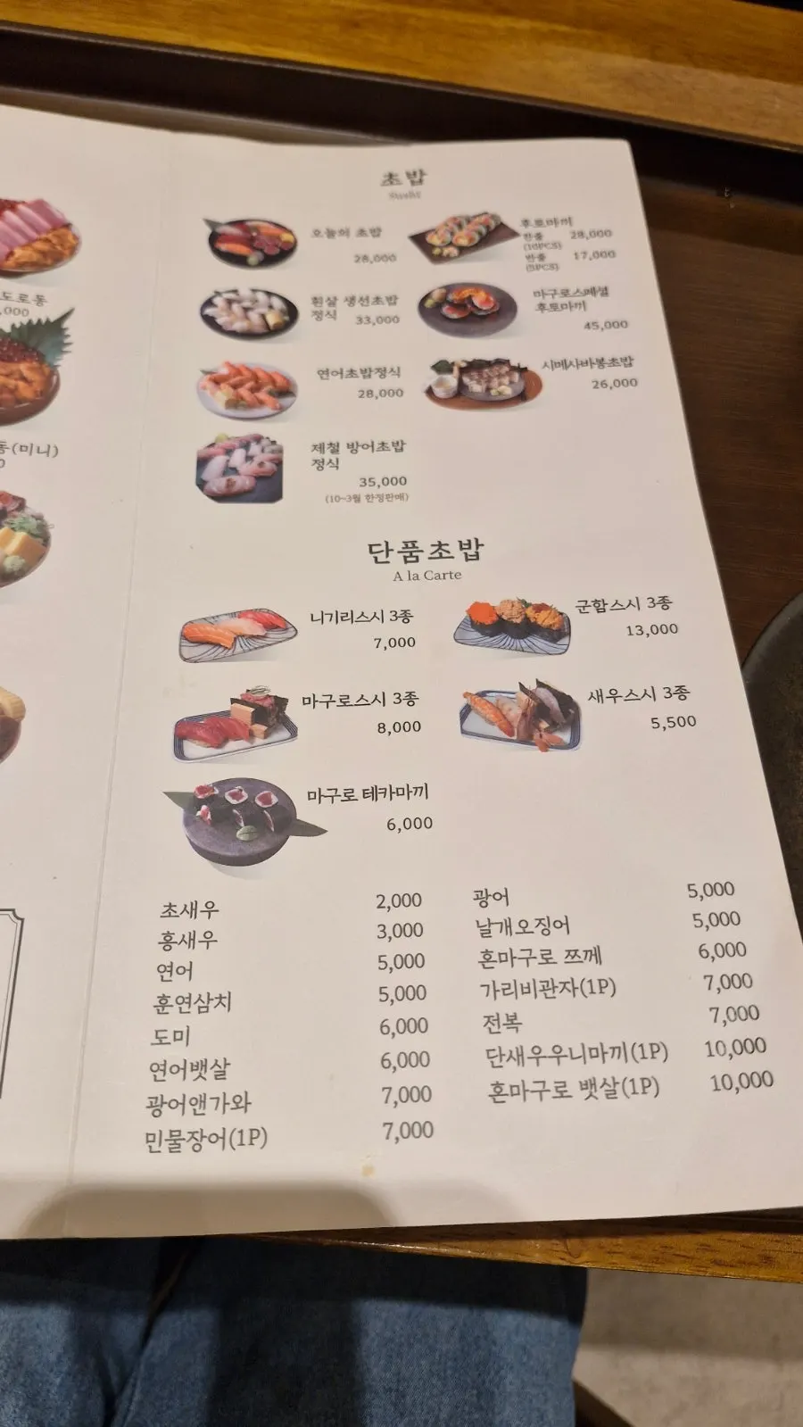 Sushi menu at Ilpum Gwanghwamun