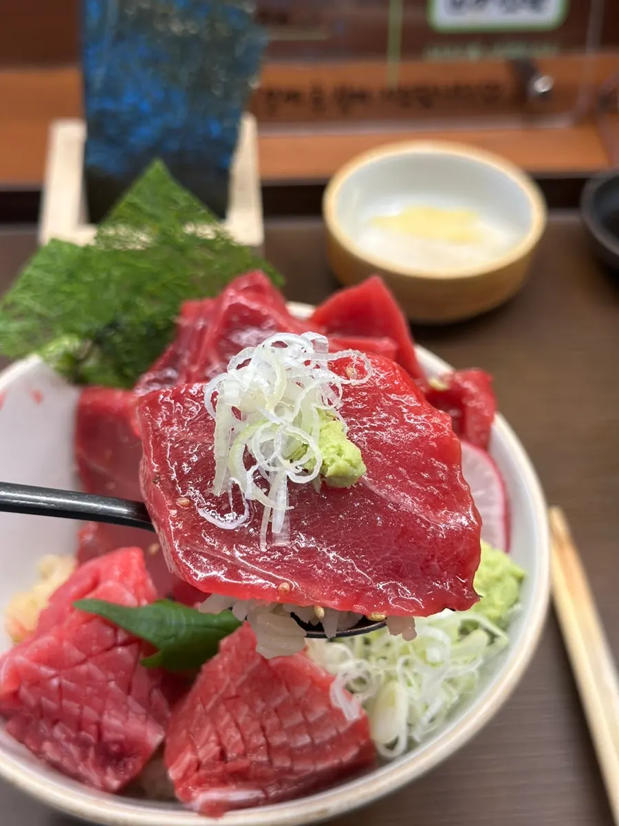 칼집을 넣은 큼직한 참치회 덮밥