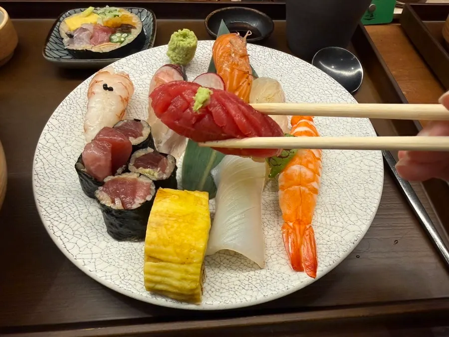 The generous spread of the today's sushi set