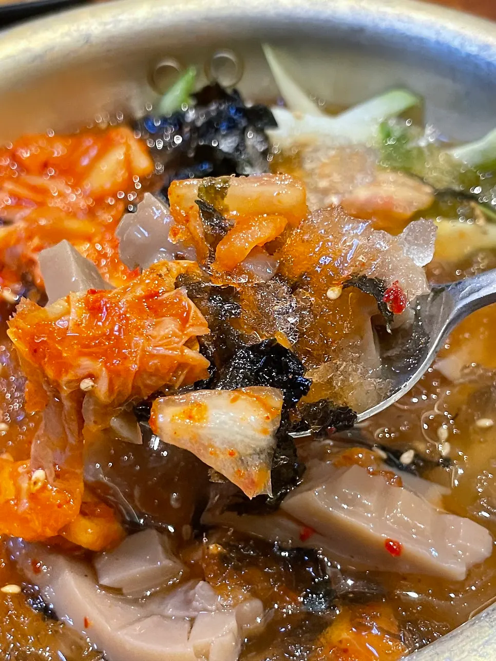 Kimchi mooksabal topped with slushy ice