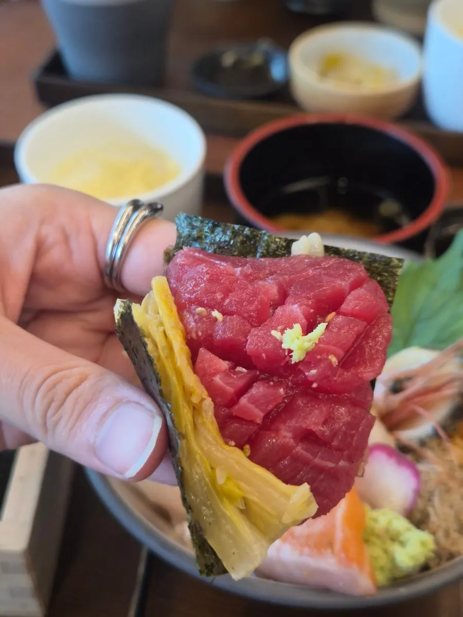 Close-up of vividly colored tuna sashimi