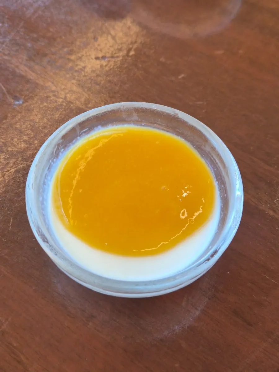 Close-up of pudding topped with mango jam