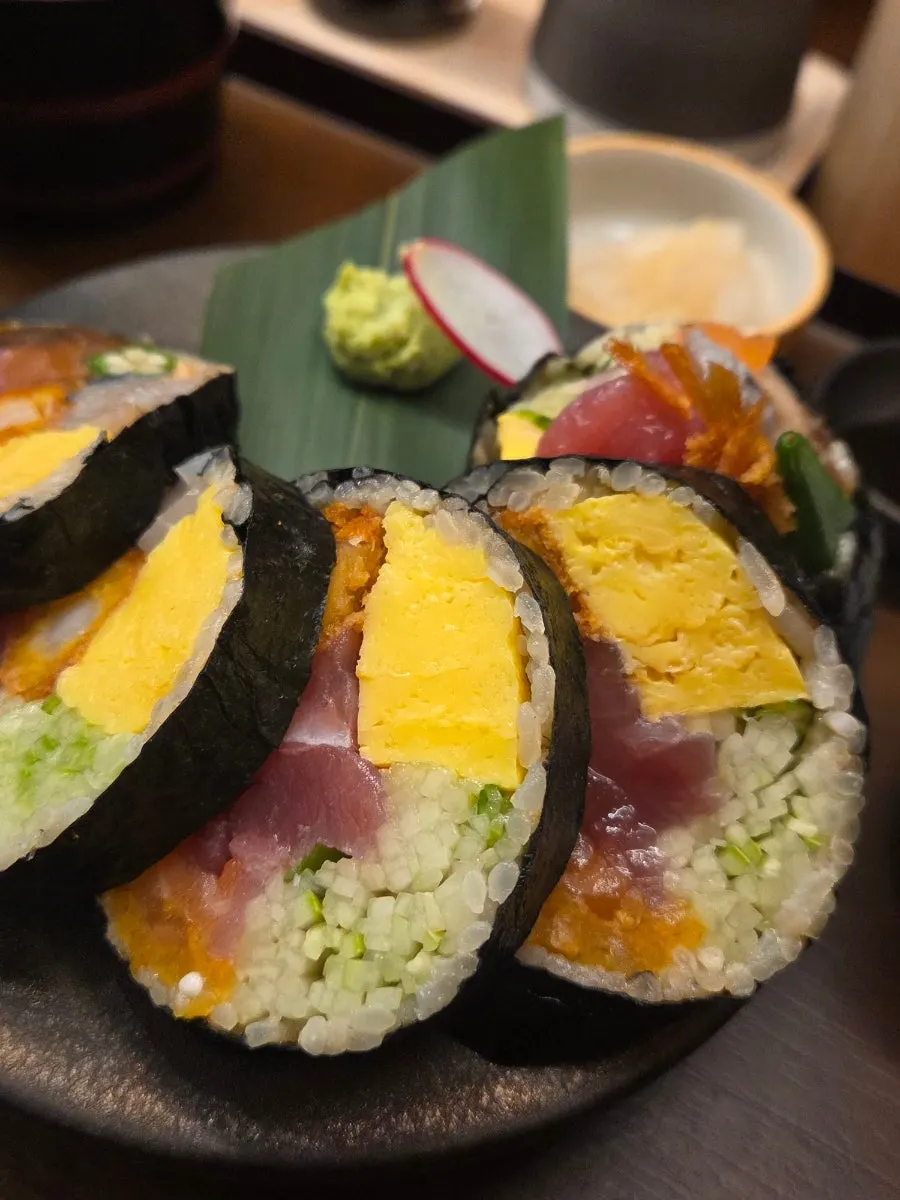 Cross-section of futomaki packed with ingredients