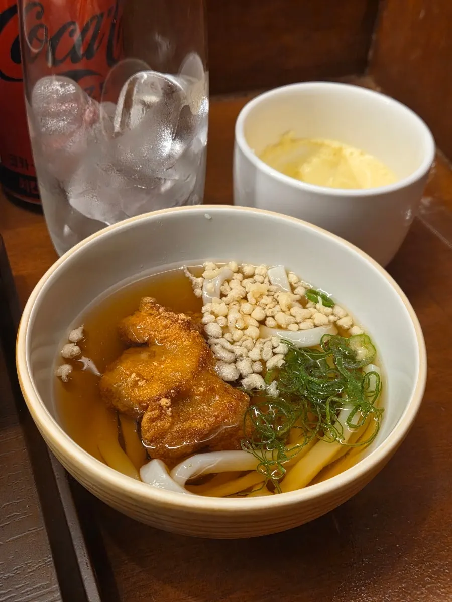 Cold udon and chicken karaage served with futomaki