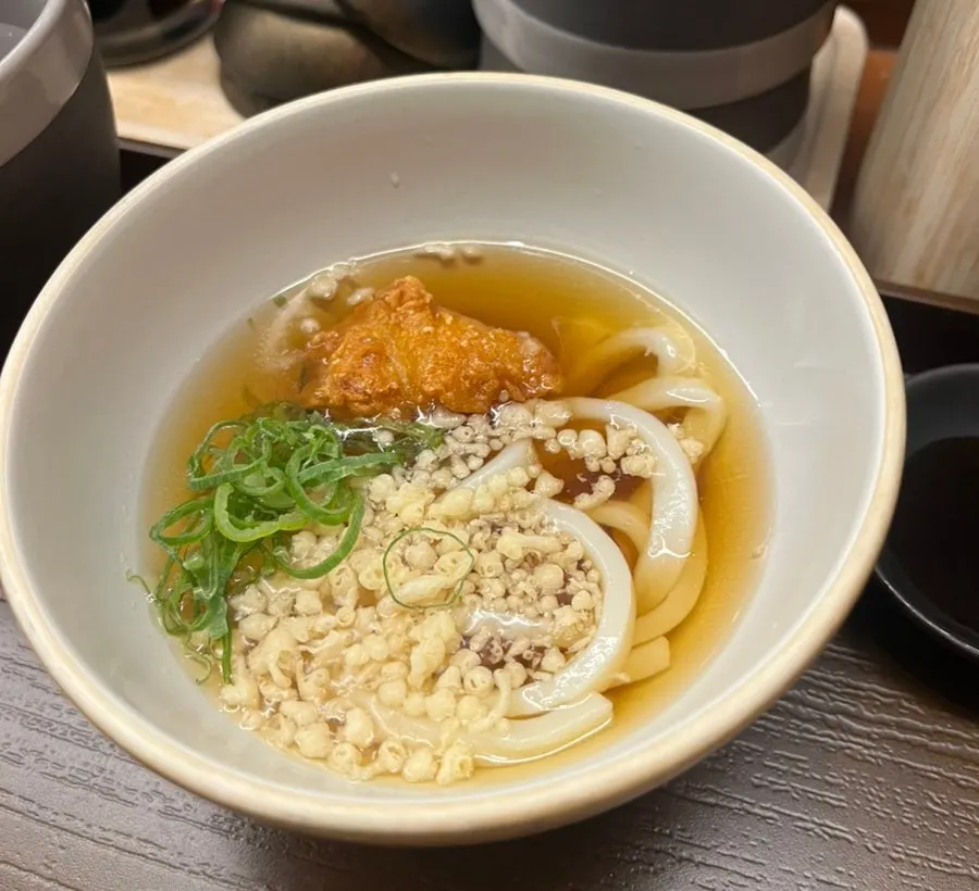 Cold udon topped with tempura bits and fried chicken