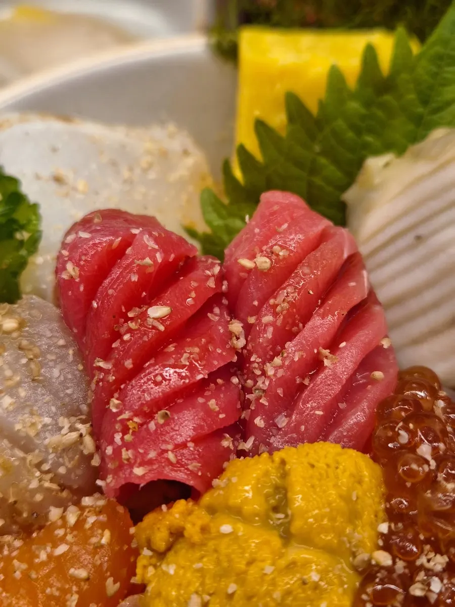 Close-up of sashimi toppings on the premium kaisendon