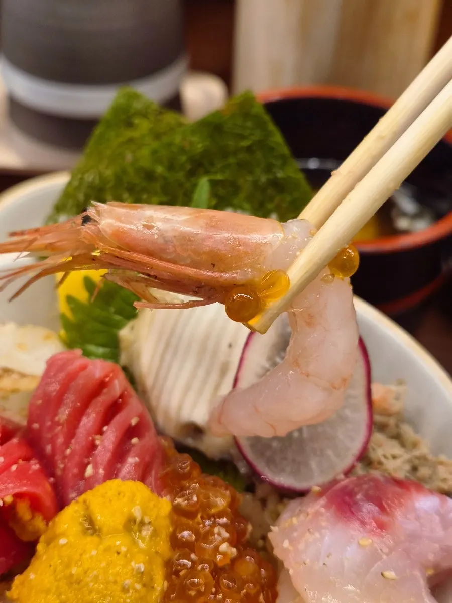Picking up a piece of seafood from the kaisendon