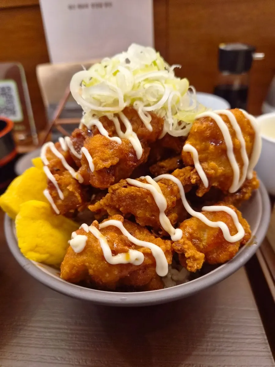 Crispy chicken karaage and tamago rice bowl