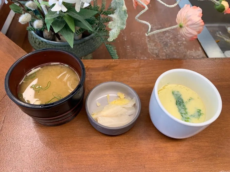 Basic table setting with soup, baek-kimchi and chawanmushi