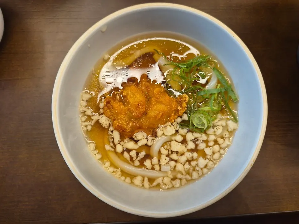 Cold udon topped with karaage