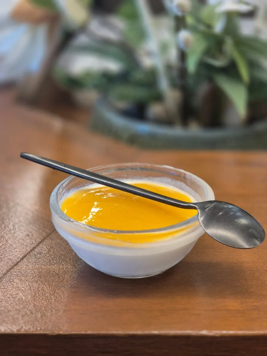 Mango puree pannacotta served for dessert
