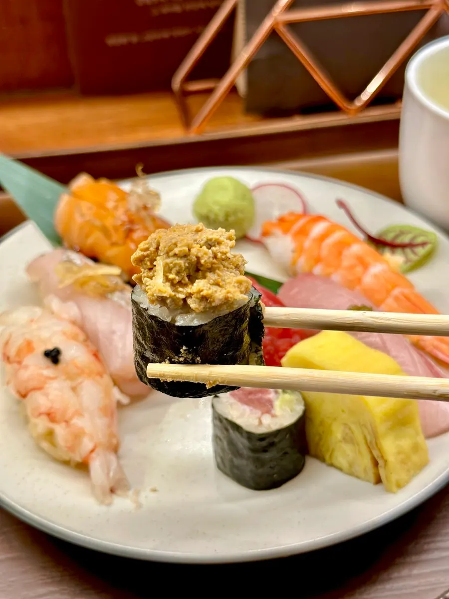 A piece of sushi topped with ankimo