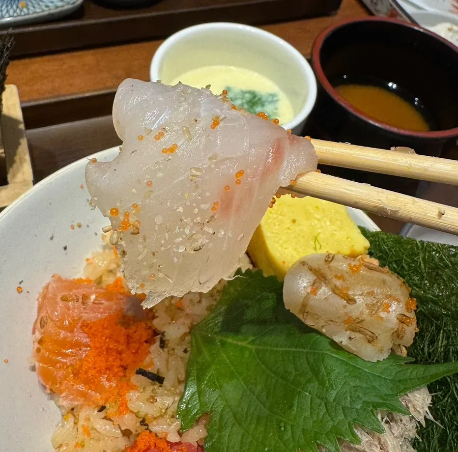 Close-up of kaisendon with a variety of sashimi