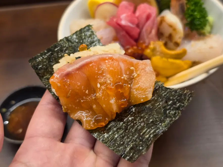 Close-up of sashimi on the premium kaisendon