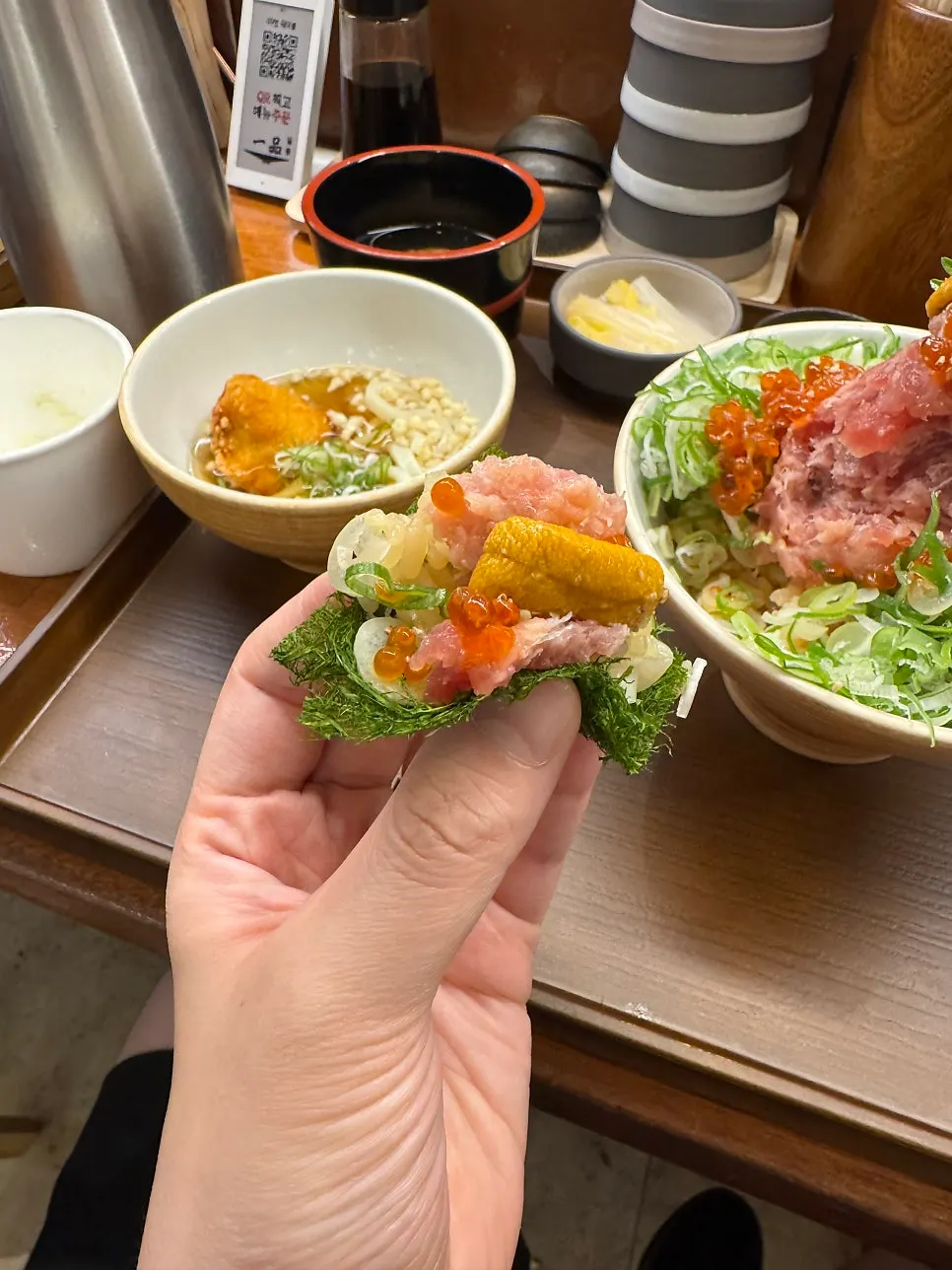 Negitoro topped with uni and salmon roe