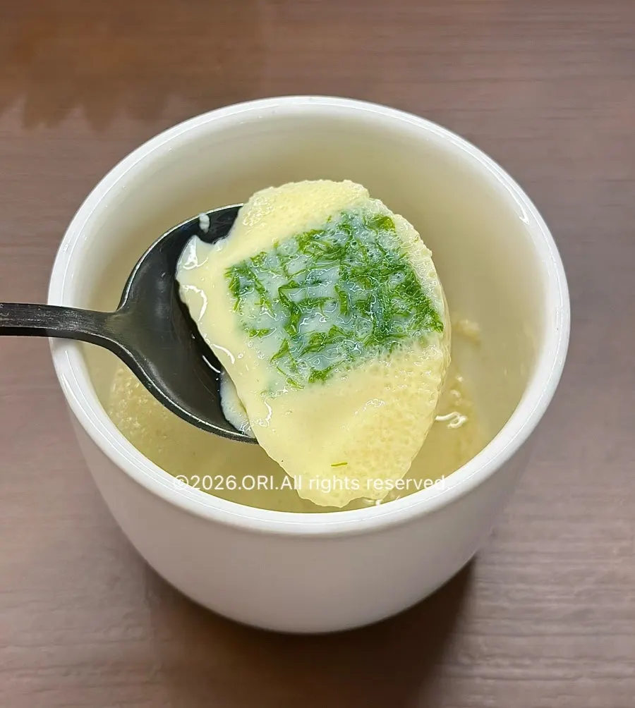 Chawanmushi steamed egg topped with gamtae seaweed