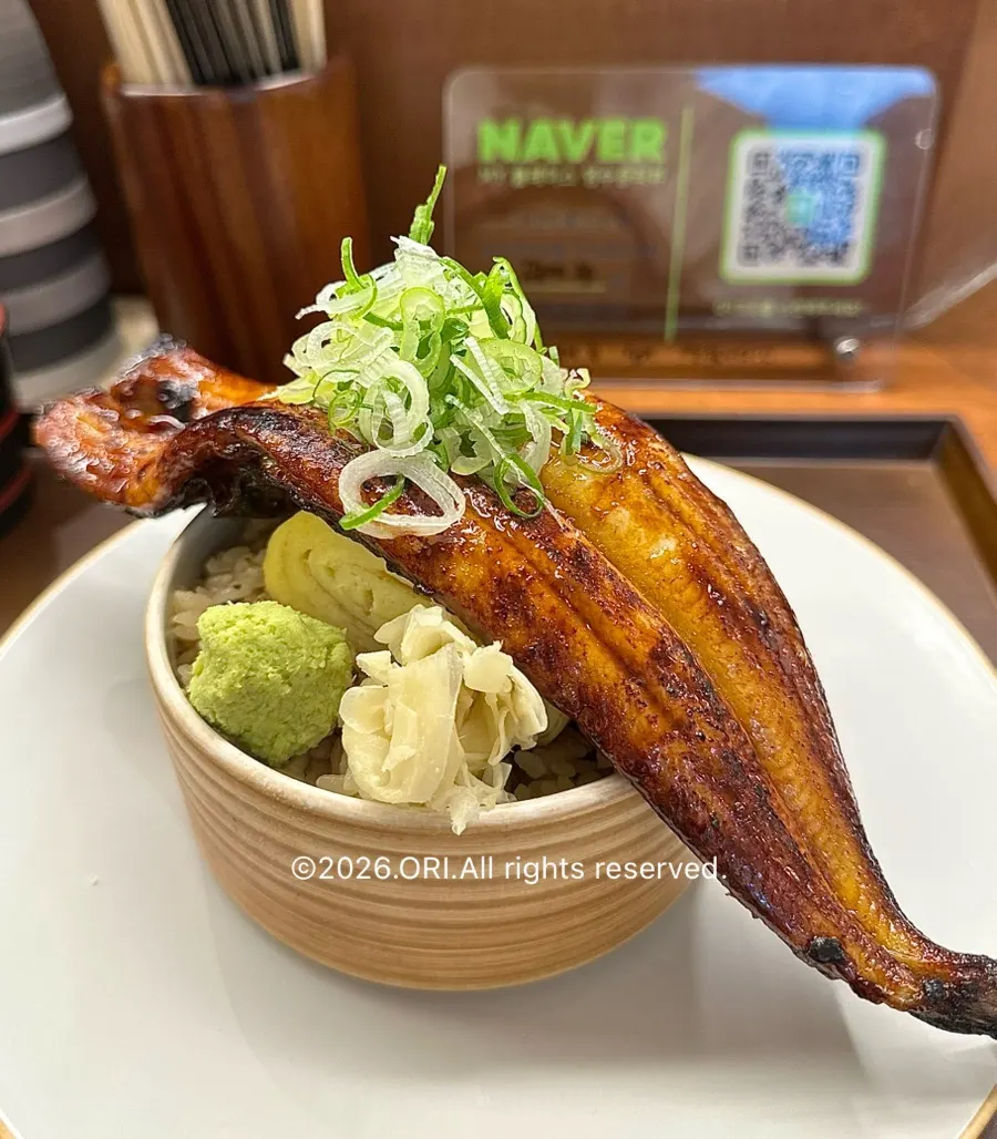 Close-up of the golden-grilled eel rice bowl