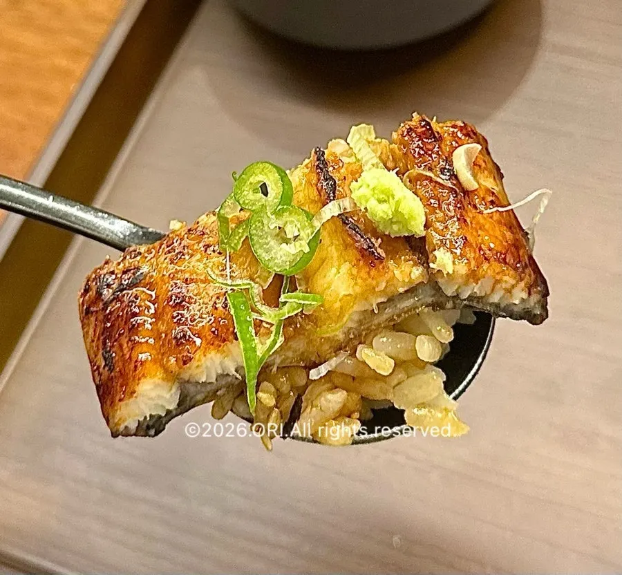 Inside the unagidon with egg and wasabi underneath
