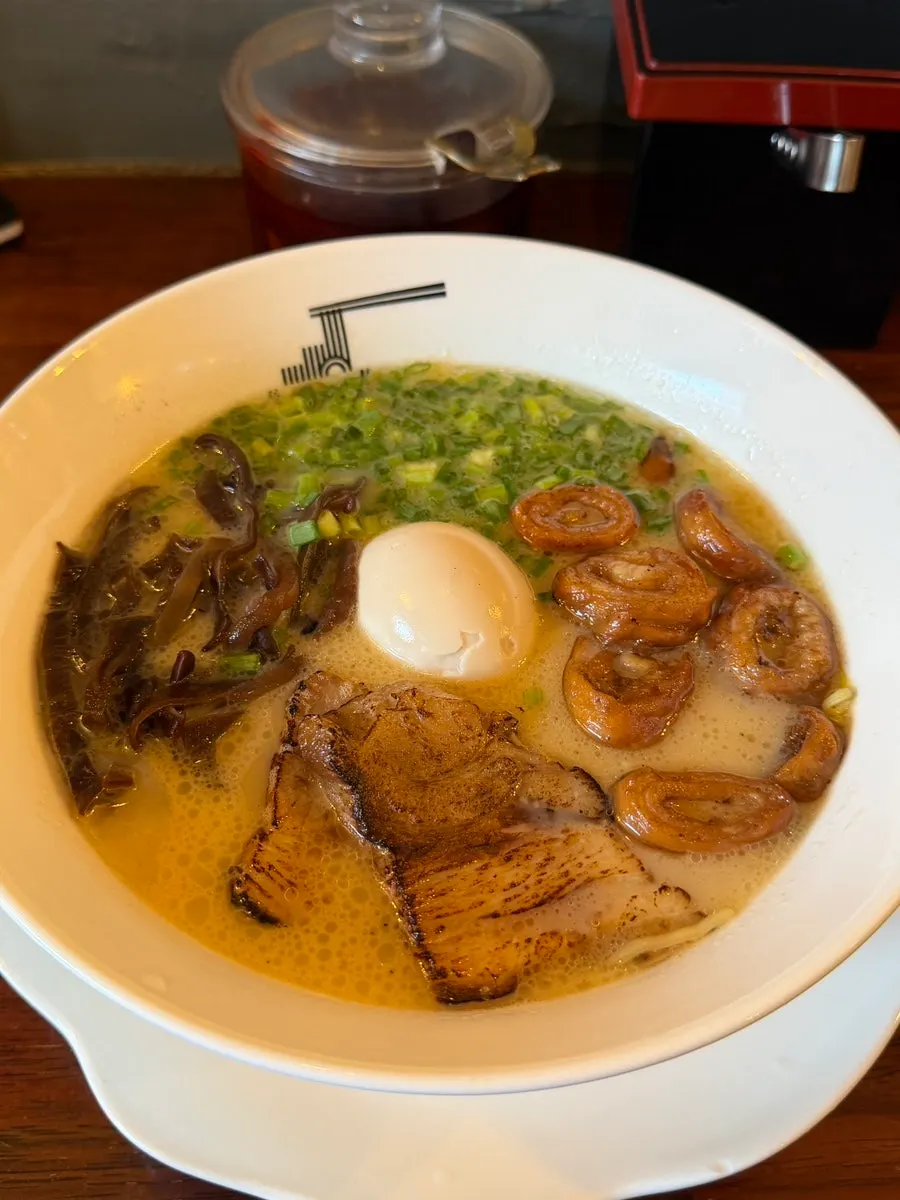Gyedan ramen topped with wood ear mushroom and chashu