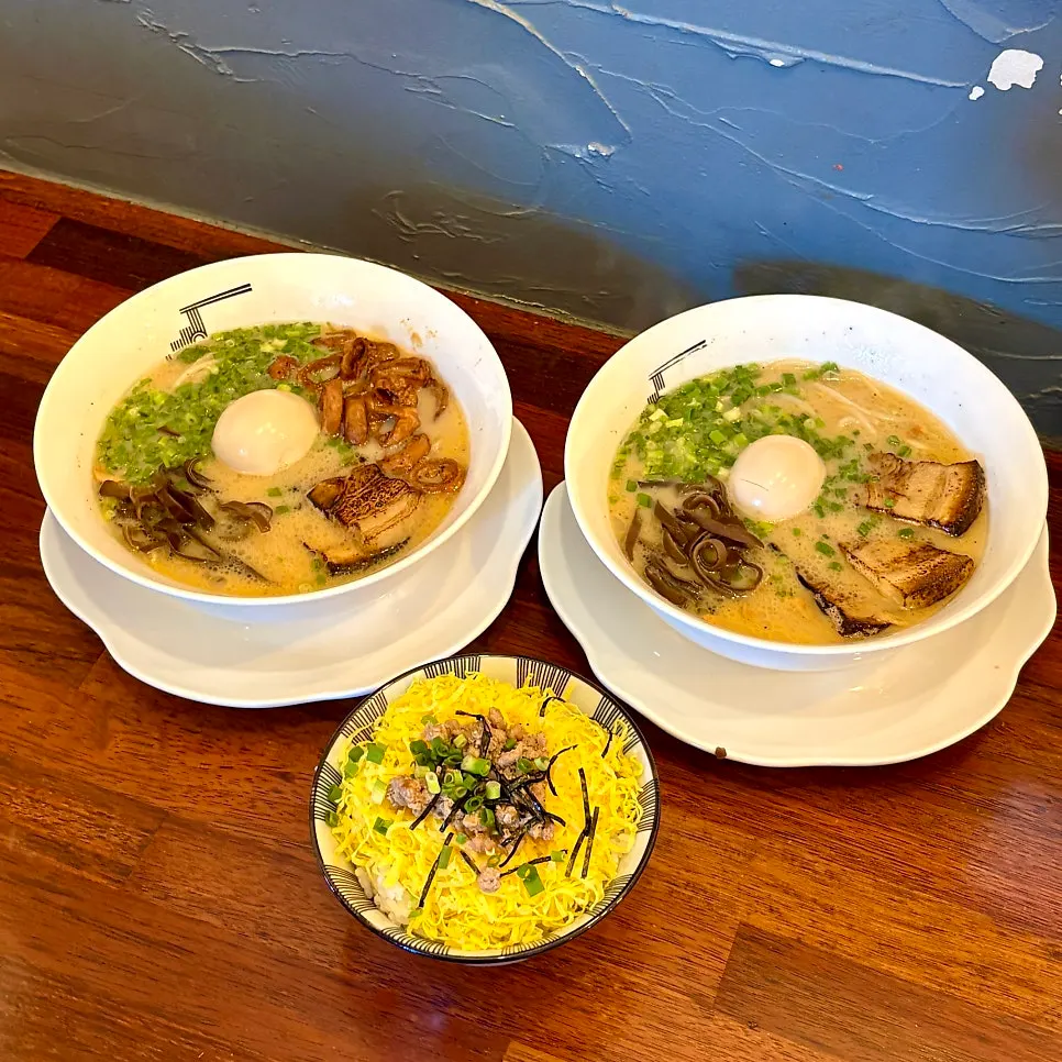 Table spread with ordered ramen and tamago-bap