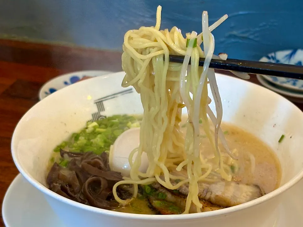 Thin noodles soaked in rich tonkotsu broth