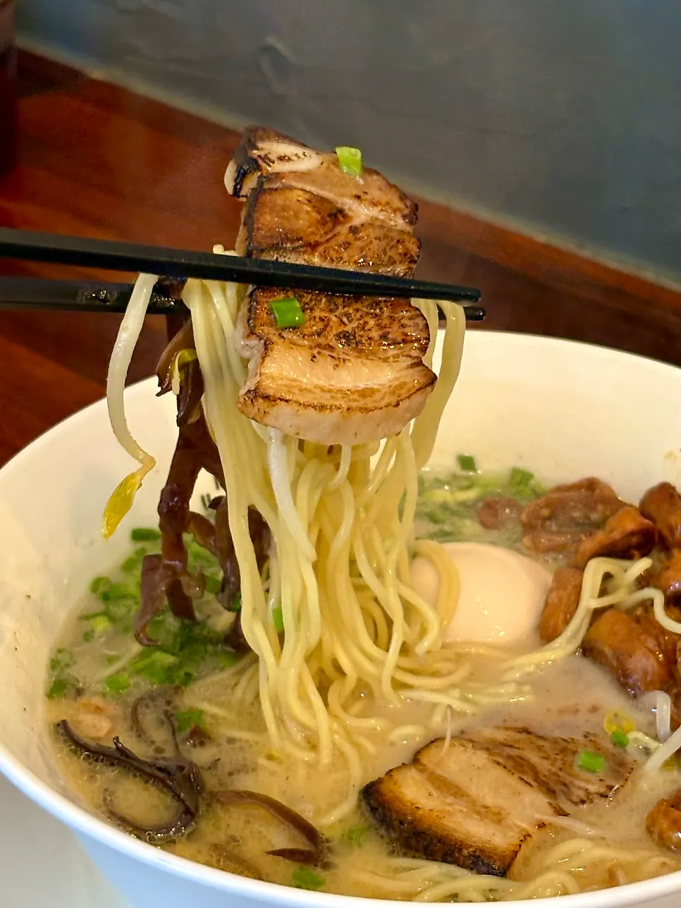 Final shot of the rich tonkotsu Gyedan Ramen