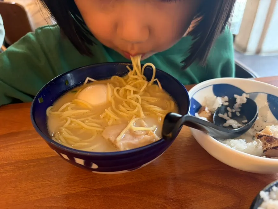 Close-up of the rich tonkotsu broth motsu ramen