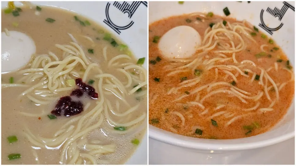 매운소스를 넣어 붉어진 라멘 국물