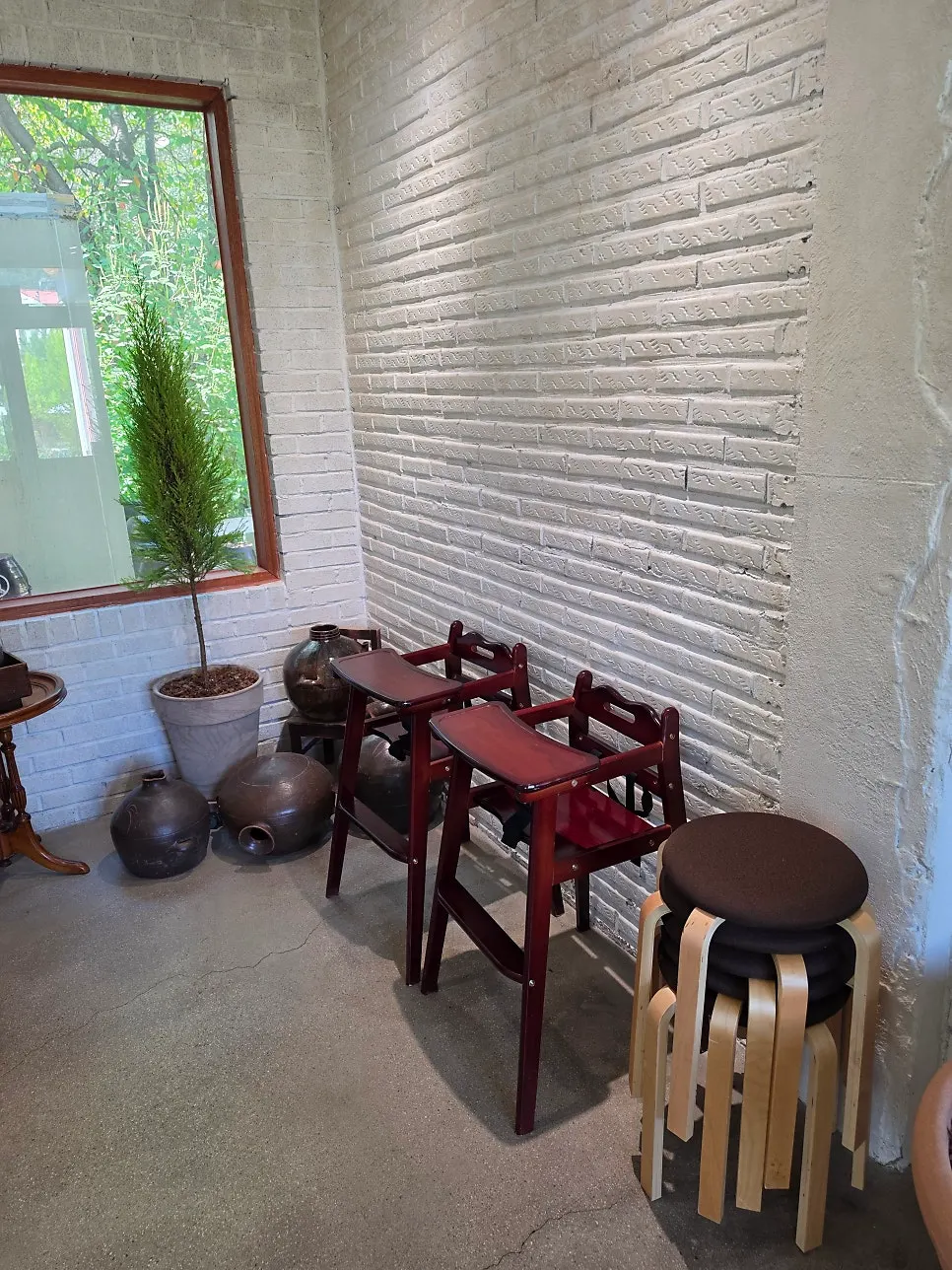 Landscaping around the outdoor seating