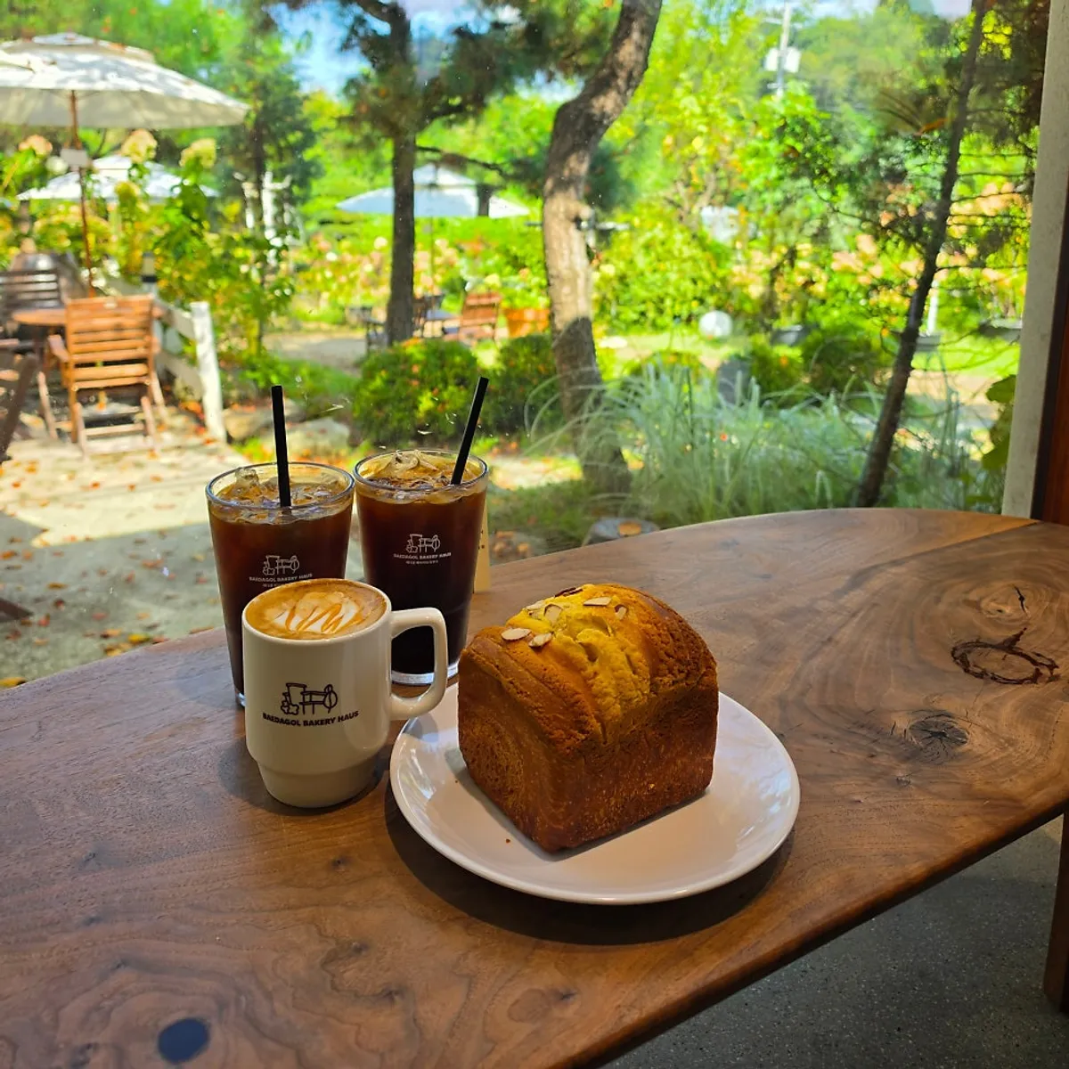 Chestnut bread and coffee on a terrace table