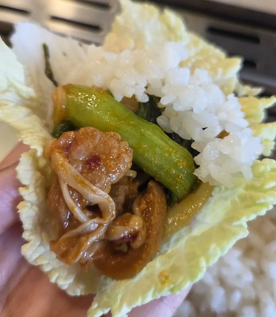 A bite of duck bulgogi wrapped in perilla leaf