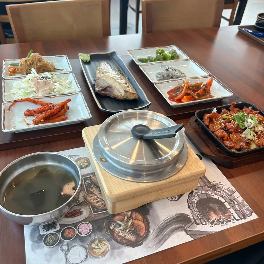 Grilled Atka mackerel set with self-serve banchan spread