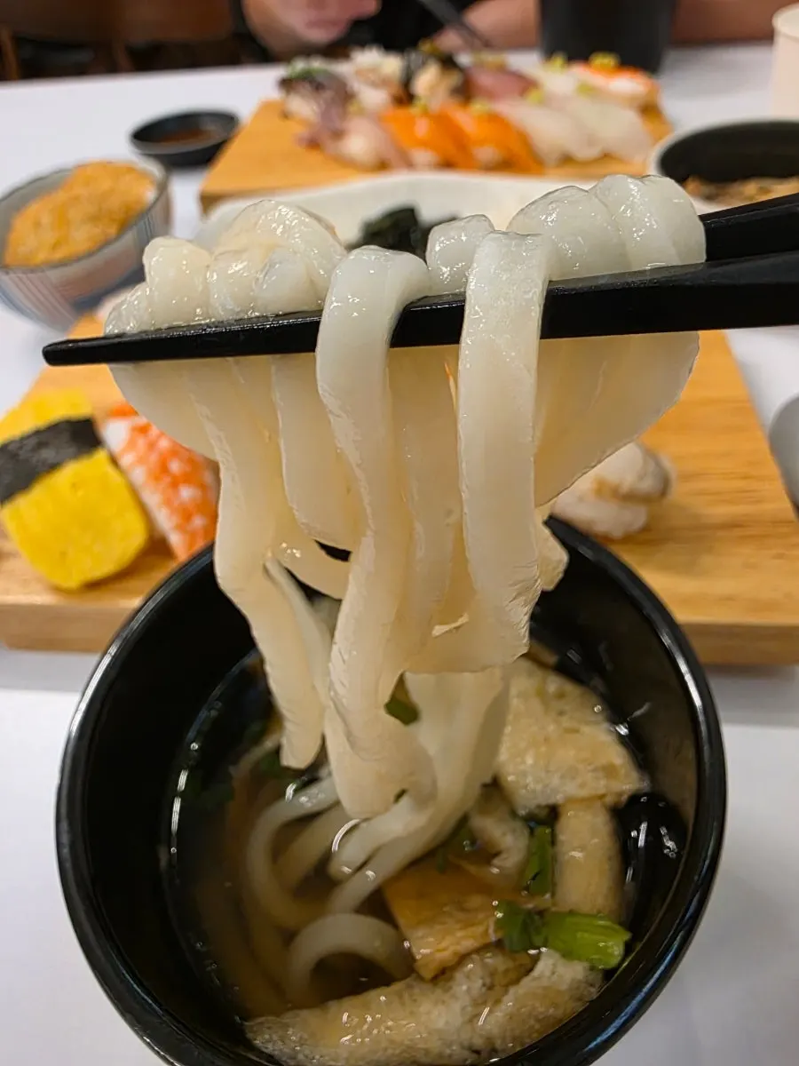 Lifting up a serving of udon noodles